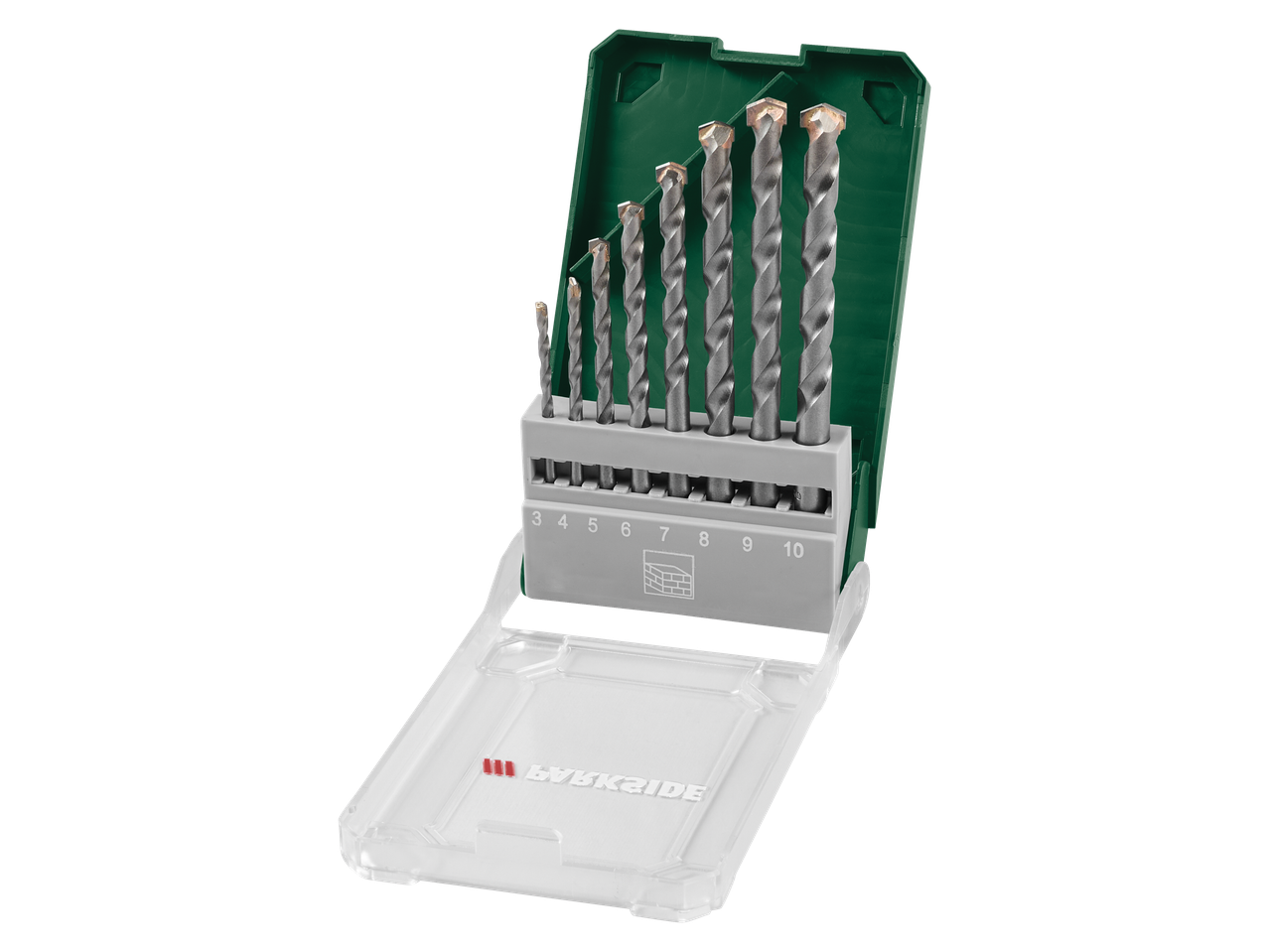 Conjunto de brocas para alvenaria, tamanhos de 3 a 10 mm, numa caixa verde e transparente.