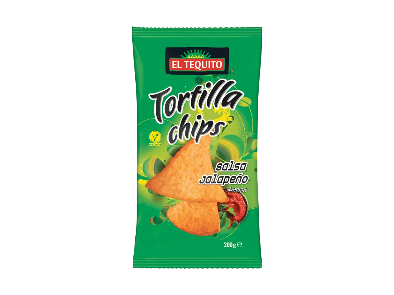 Sachet vert de chips tortilla saveur salsa jalapeño.