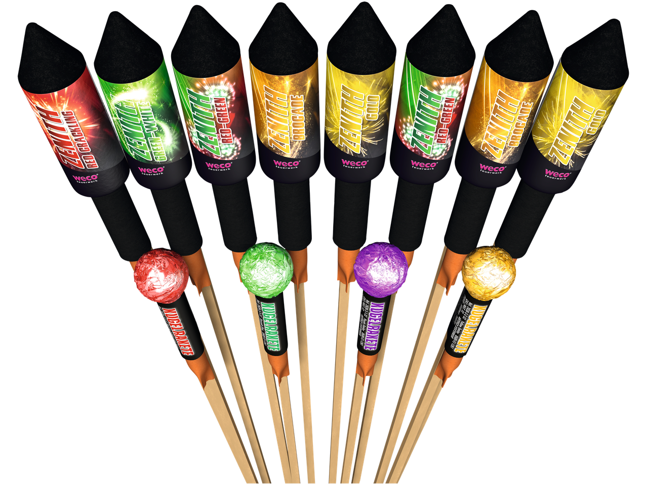 Weco Zenith Kugelraketen in verschiedenen Farben und Effekten, Teil des Rocket Clash Sortiments.