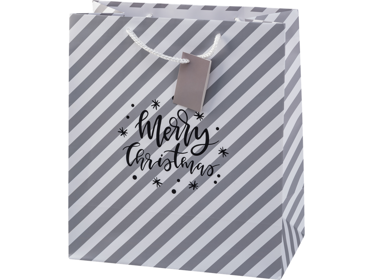 Crelando® dovanų maišelis su pilkai baltomis juostelėmis ir užrašu „Merry Christmas“.