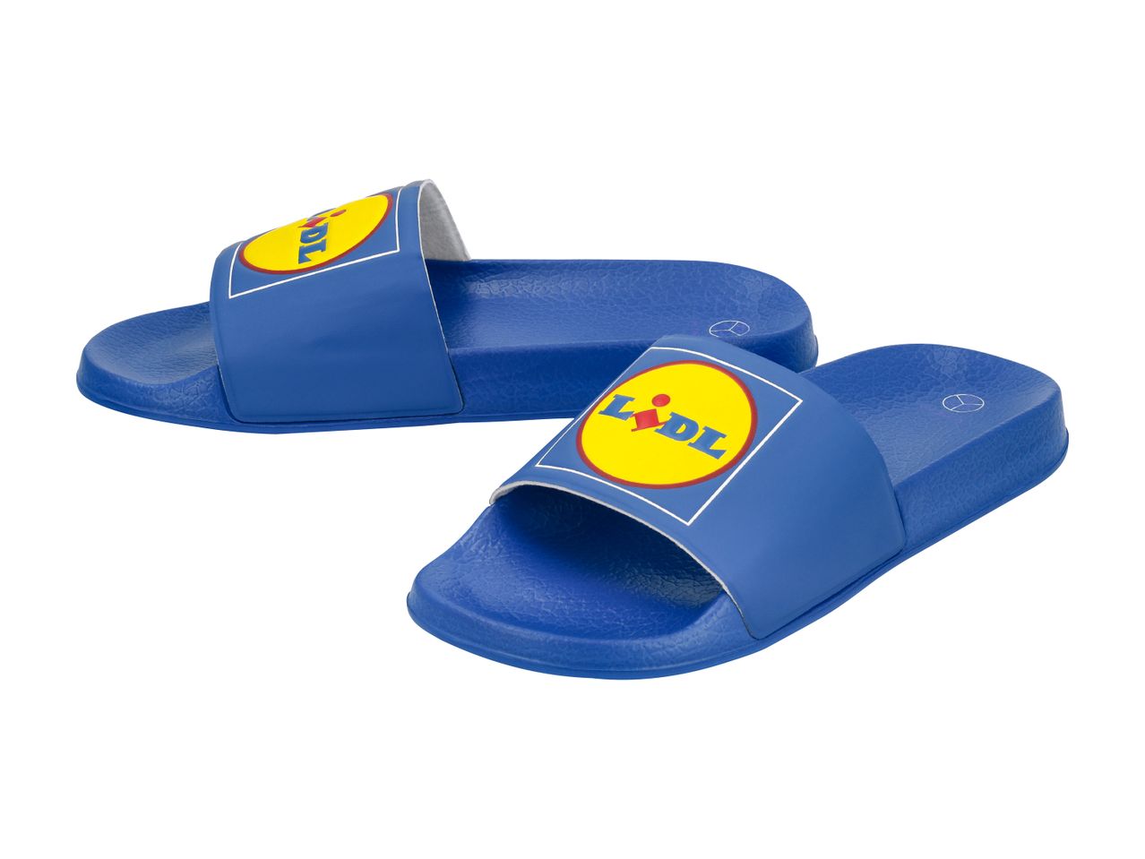 Pair of blue slide sandals with a yellow and red logo on the strap.