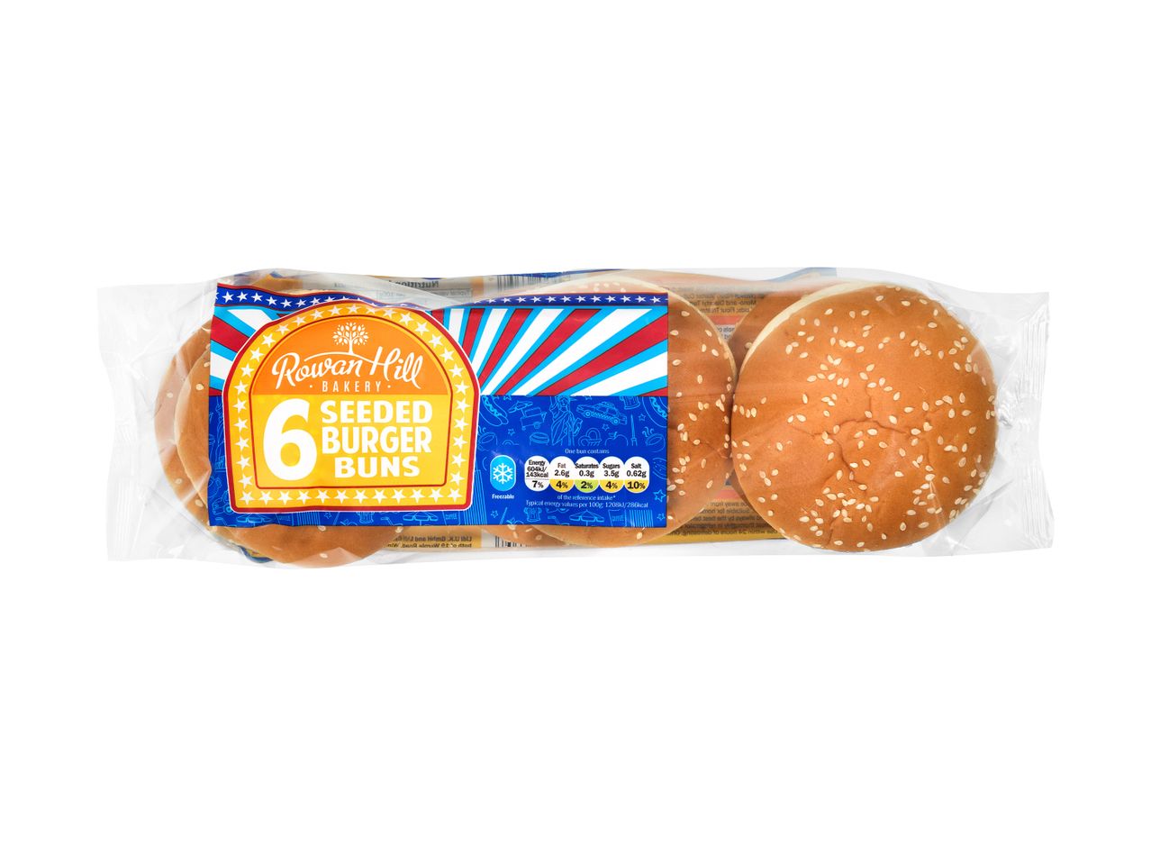 Six Rowan Hill seeded burger buns.