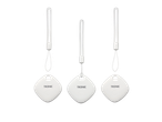 Three white smart trackers with lanyards on a black background.