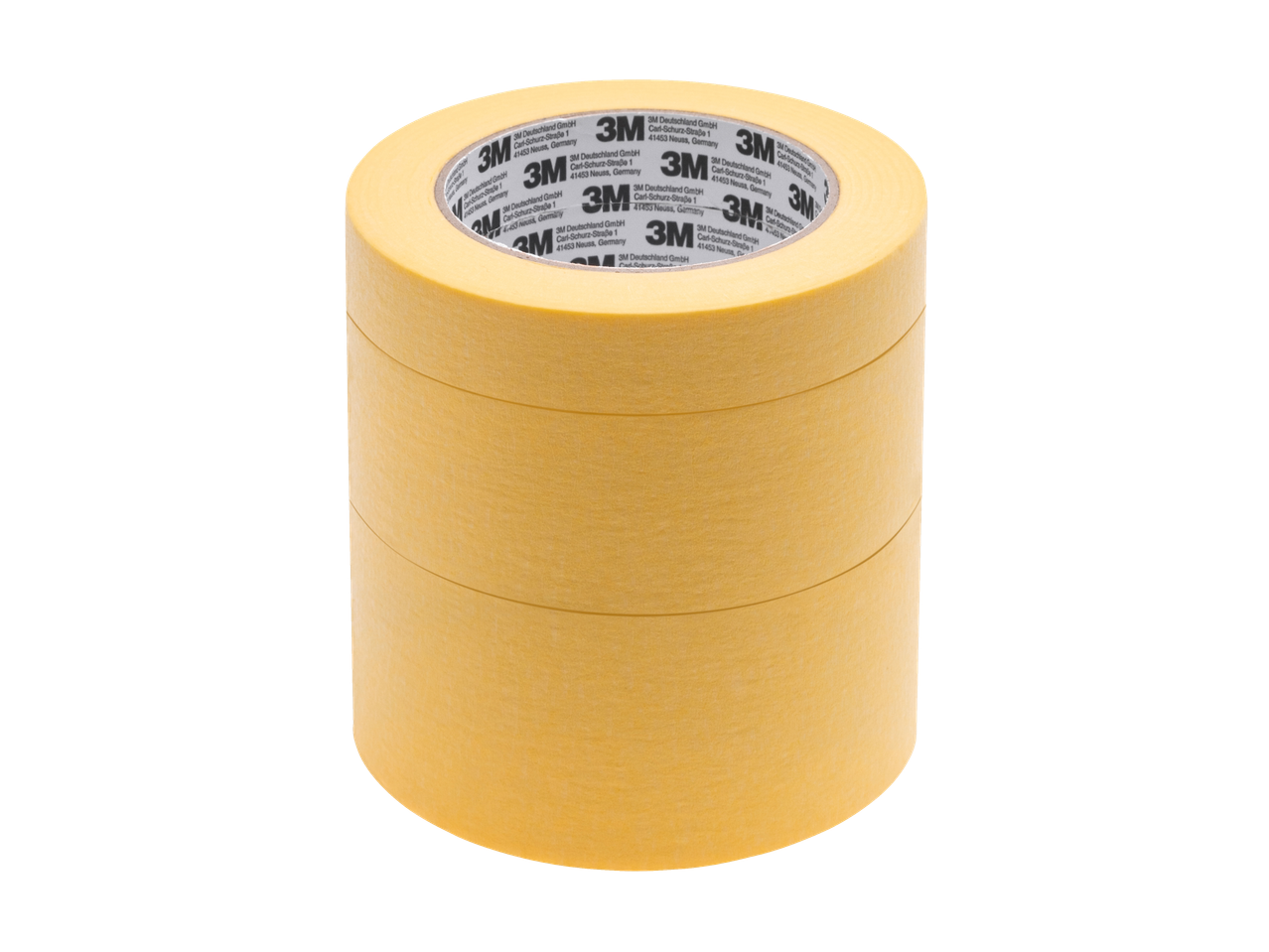 A stack of three rolls of 3M masking tape with visible branding and address.