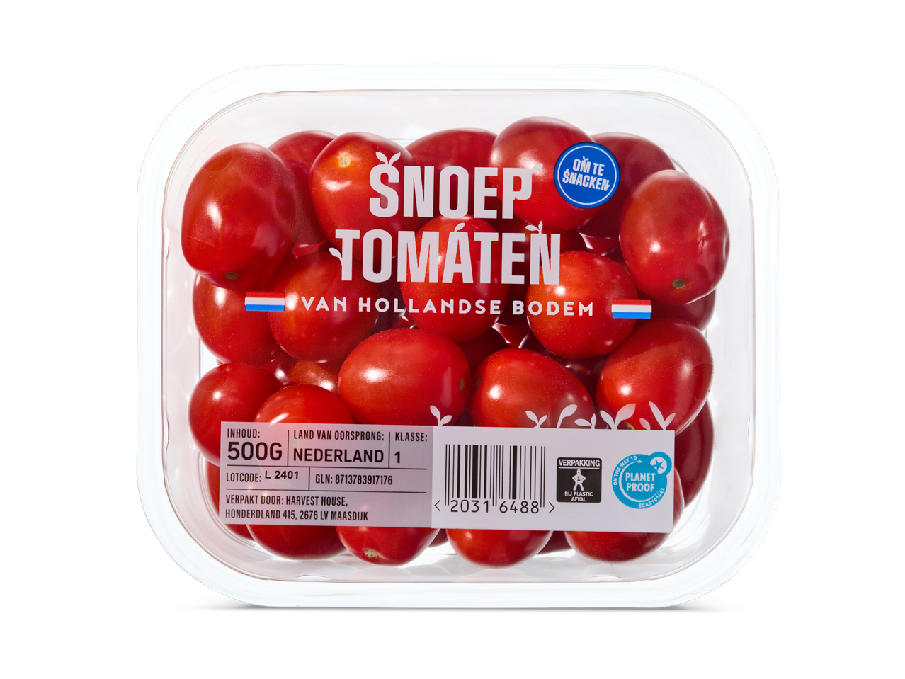 500g snack tomaten uit Nederland in plastic verpakking.