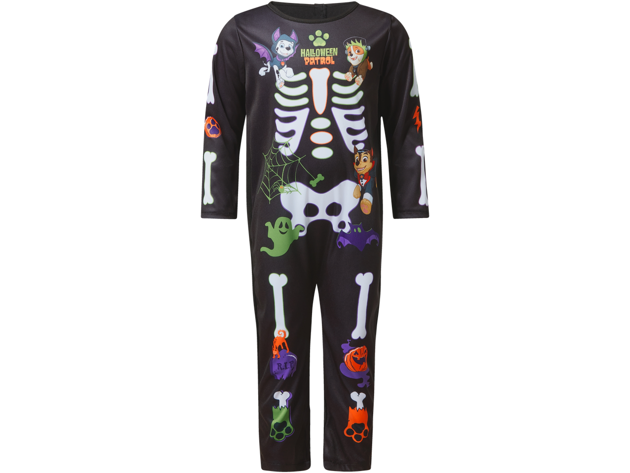 Black skeleton jumpsuit with Paw Patrol Halloween characters.