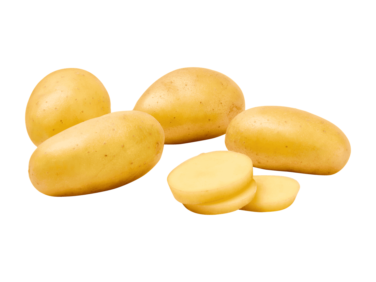 Ganze und geschnittene Kartoffeln auf schwarzem Hintergrund.