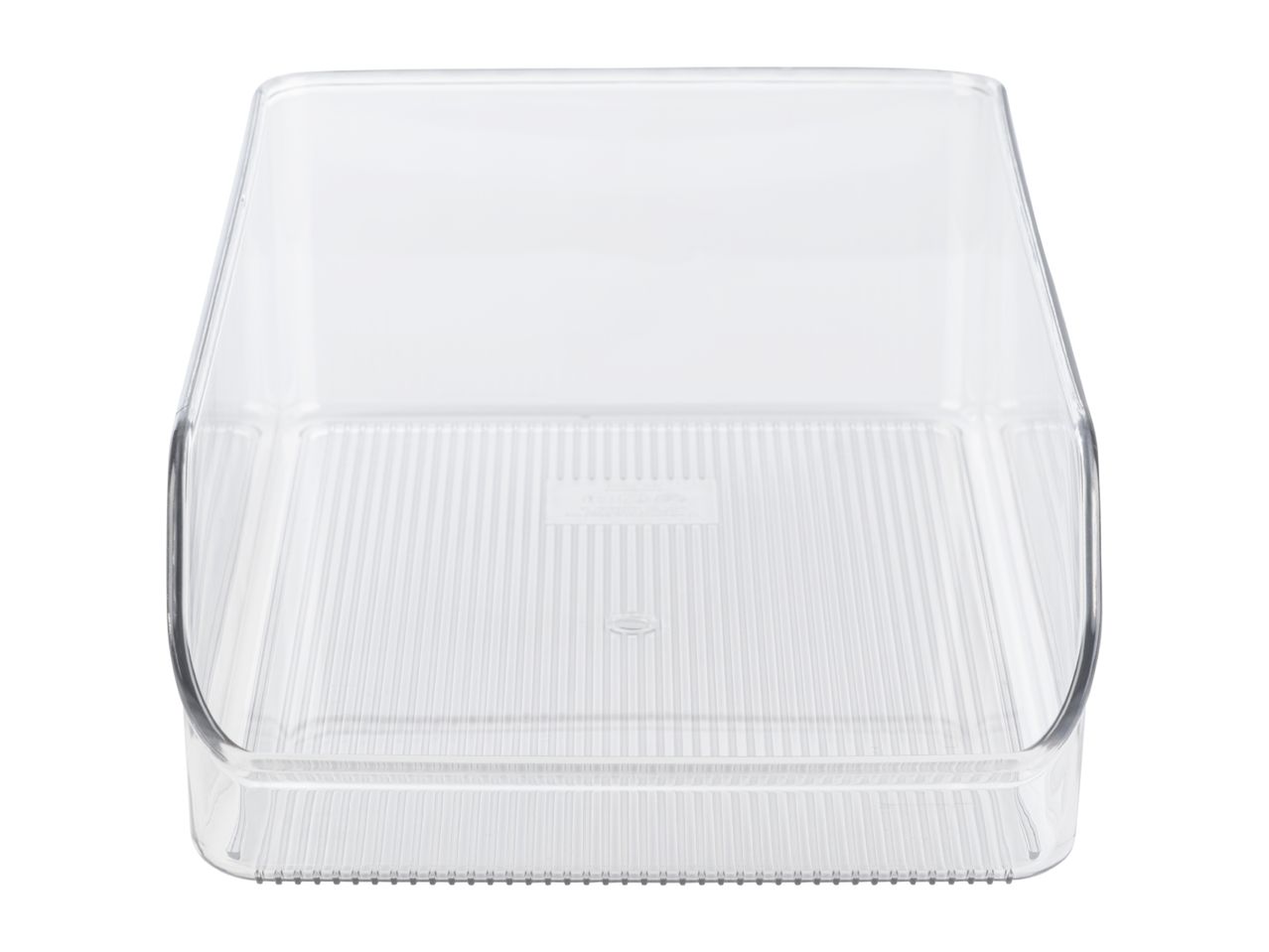 Clear plastic storage container with ribbed bottom