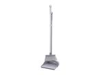A grey broom and dustpan set with an extendable handle, standing upright.