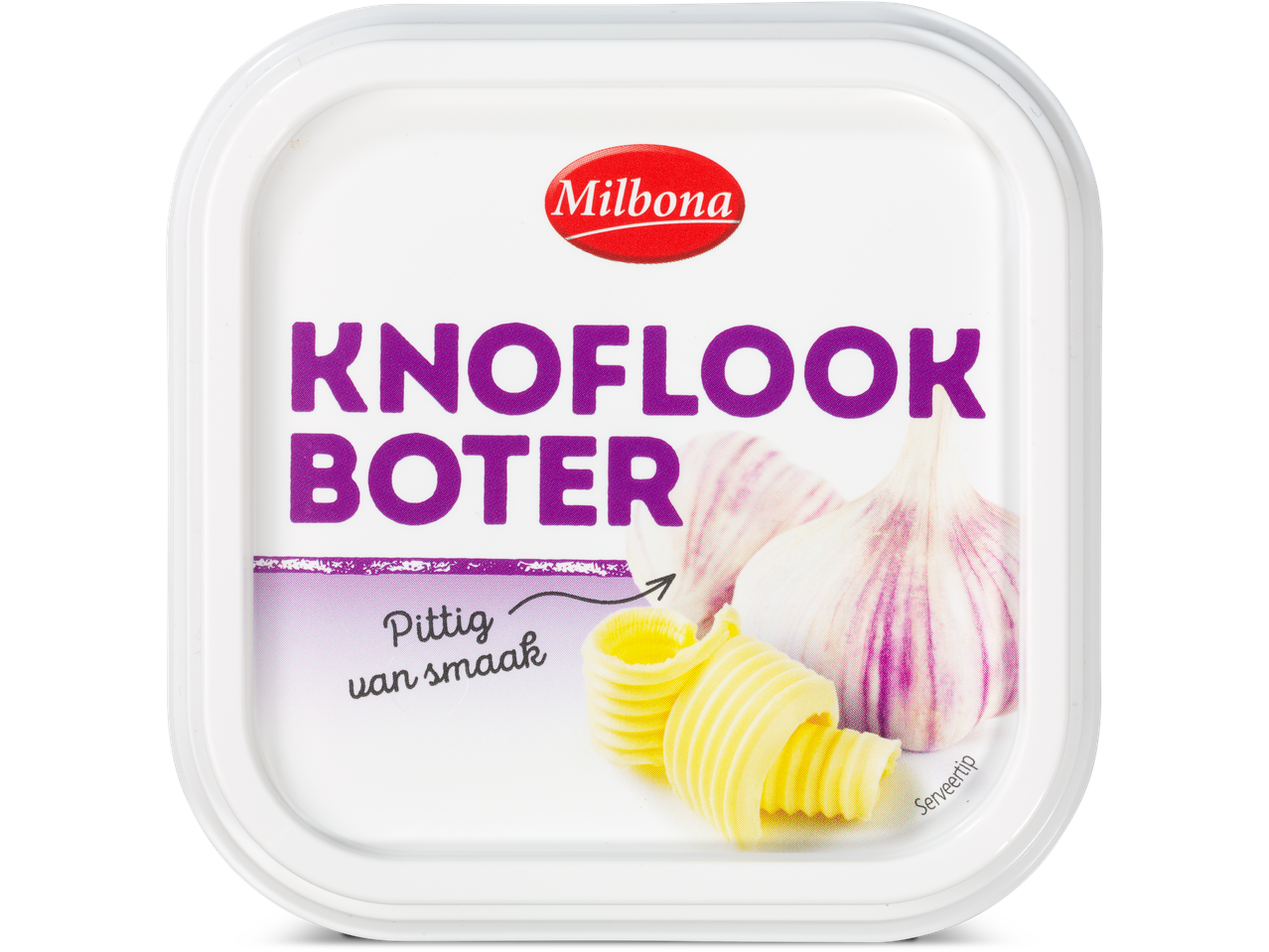 Milbona Knoflookboter met knoflooktenen en boterkrullen, tekst 'Pittig van smaak'