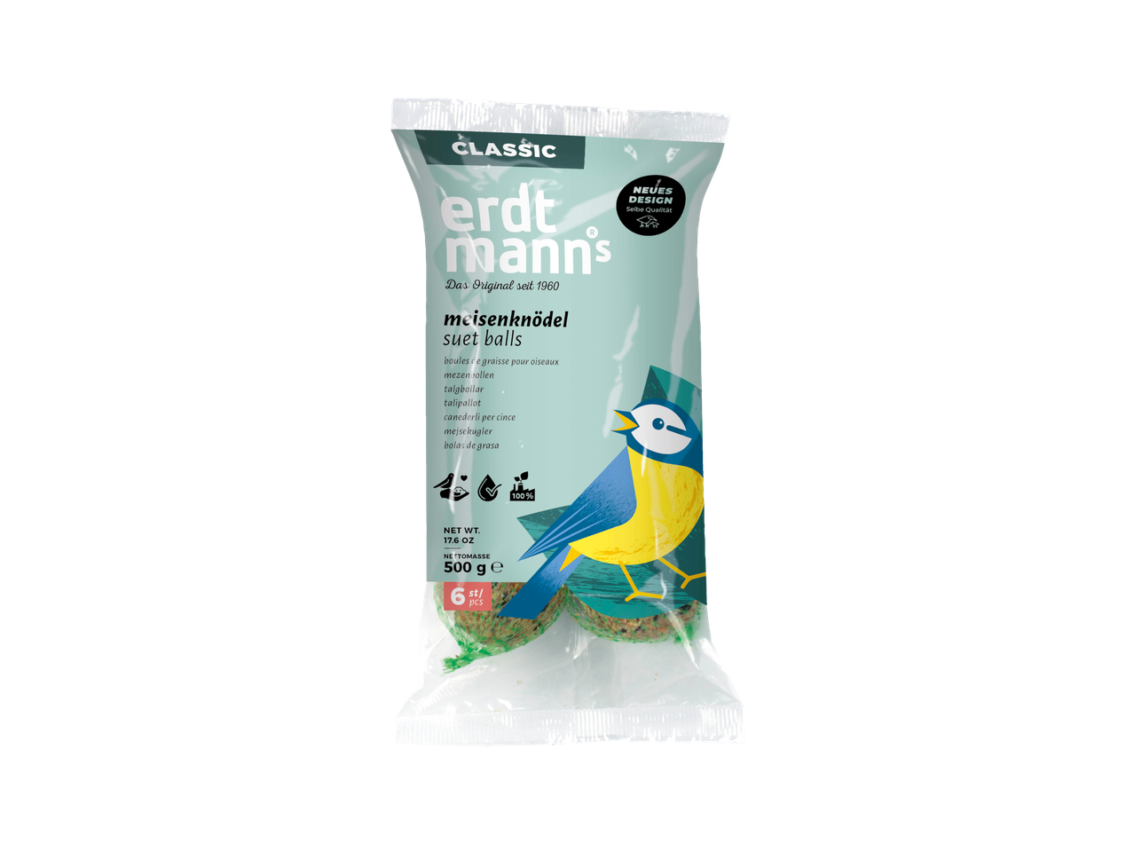 Erdtmann's Classic Wild Bird Suet Balls, 500g pack with 6 pieces.