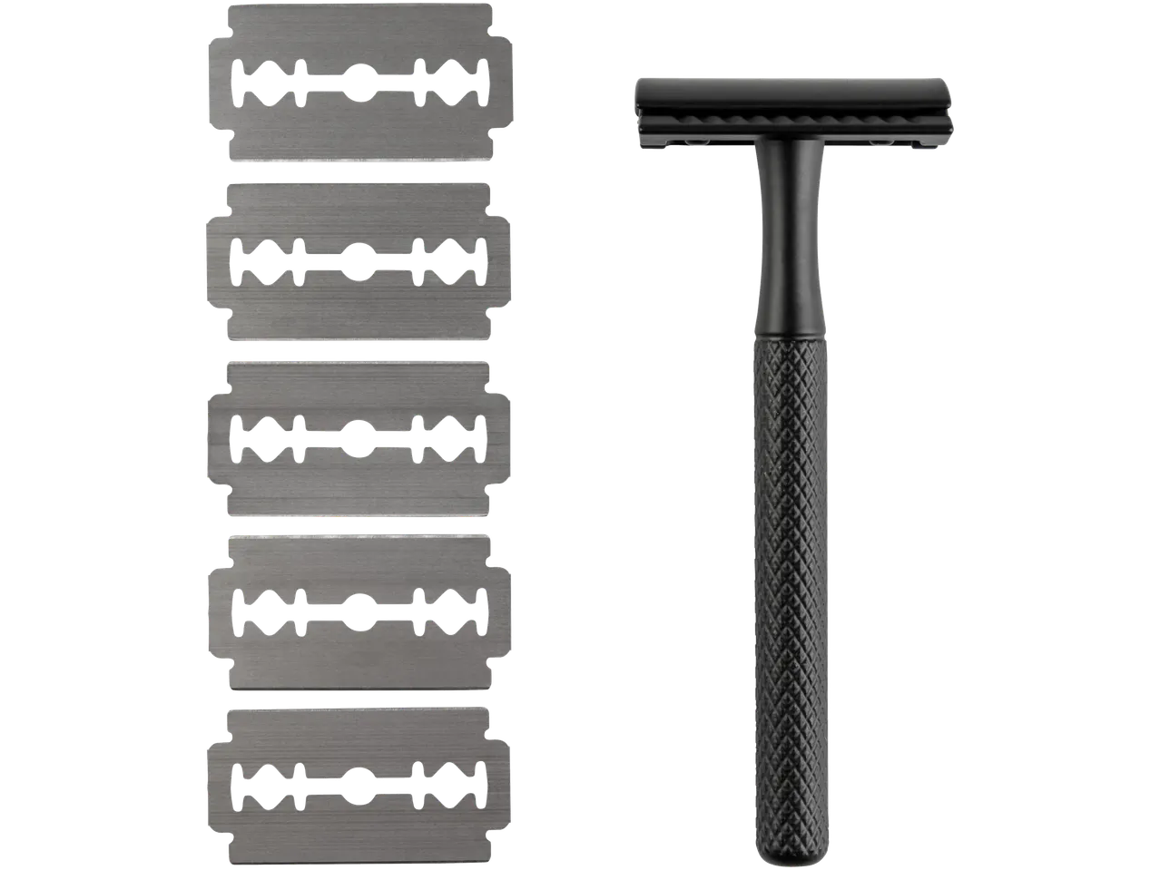 Cien skustuvas ir penki skustuvo peiliukai juodame fone.
