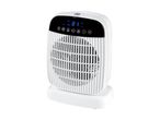 White electric fan heater with a digital display showing '21' and various control icons.