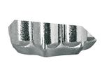 A silver-colored metal object with vertical grooves, possibly a dental bridge or crown.