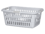 Light grey plastic laundry basket with handles, featuring a ventilated design.