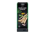 Deluxe Grissini Basil and Garlic breadsticks packaging with product display.