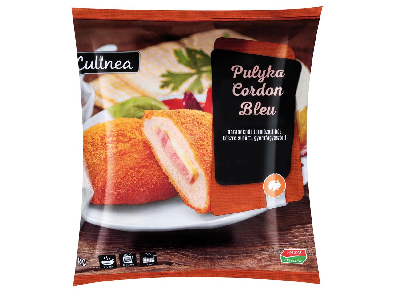 Pulyka Cordon Bleu csomagolása, rajta a termékkel és elkészítési útmutatóval.