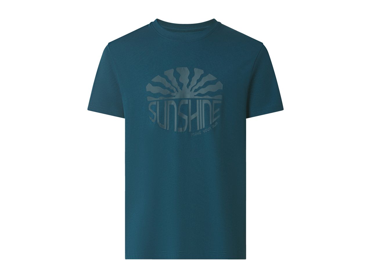Dark teal t-shirt with a faded grey 'SUNSHINE MAKE YOUR OWN' graphic print.