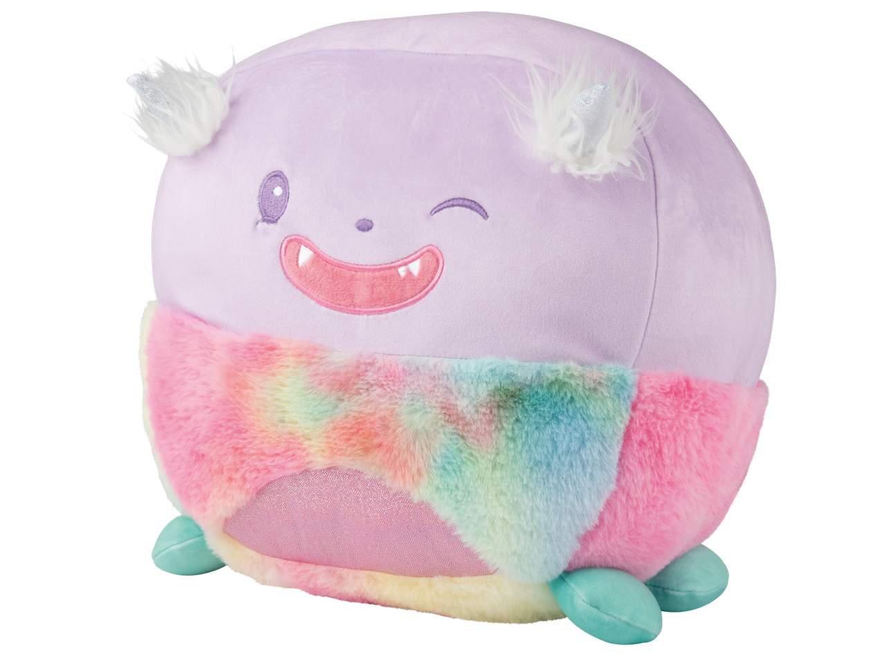 Плюшена играчка с лилав цвят, дъговидна козина и усмихнато лице.