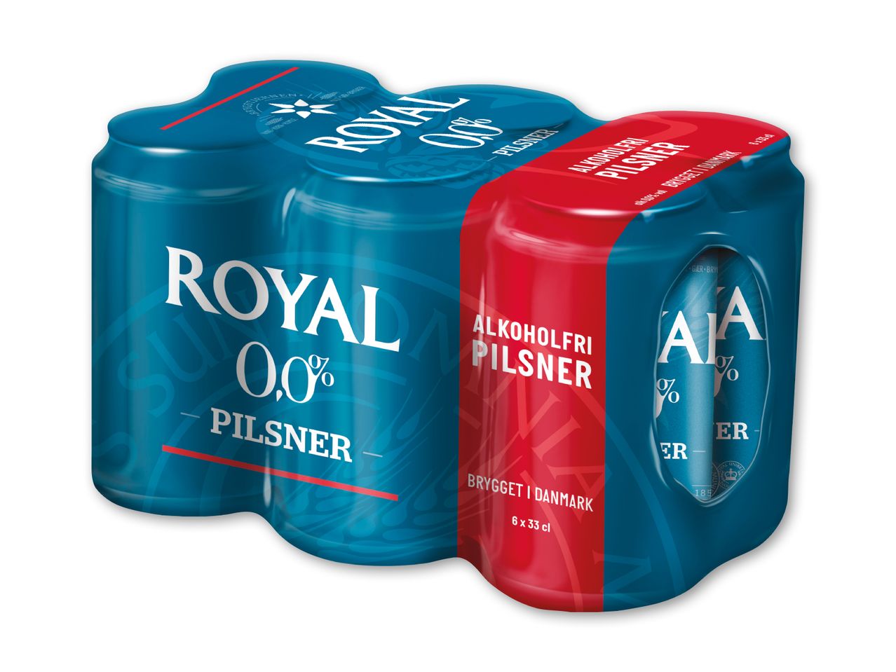 En seks-pak Royal 0,0% alkoholfri pilsnerøl i dåser.