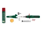 A soldering iron kit with various tips, solder, a cleaning sponge, and a can of butane gas.