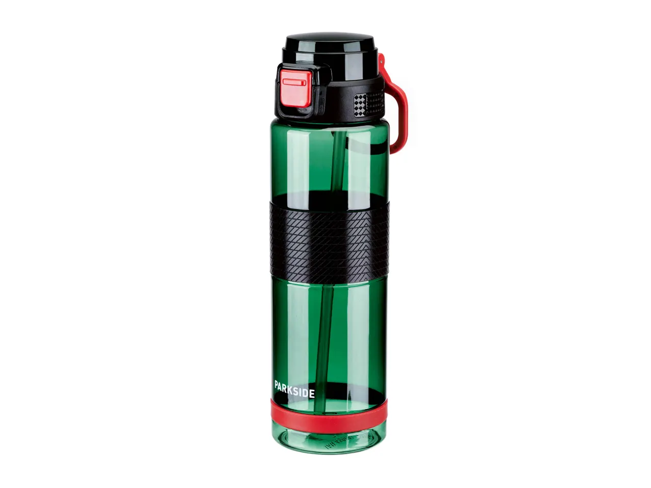 Una borraccia verde trasparente con un coperchio nero, un pulsante rosso e un manico rosso.
