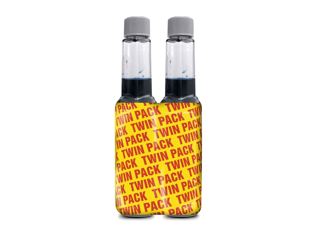 Twin pack of dark liquid in clear bottles with yellow shrink wrap.
