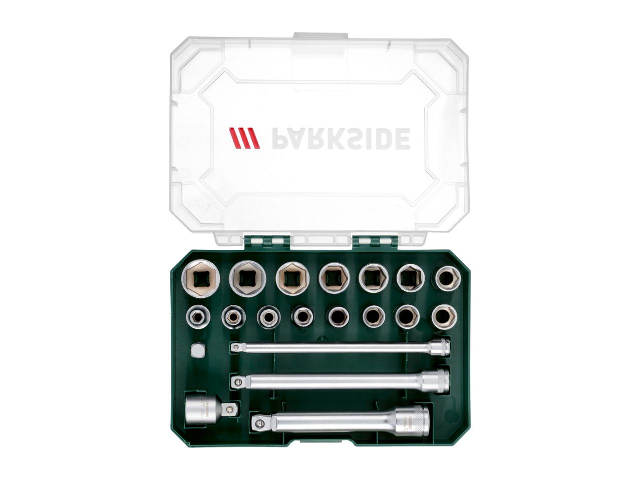 A socket wrench set with various sockets and extensions in a green and clear plastic case.