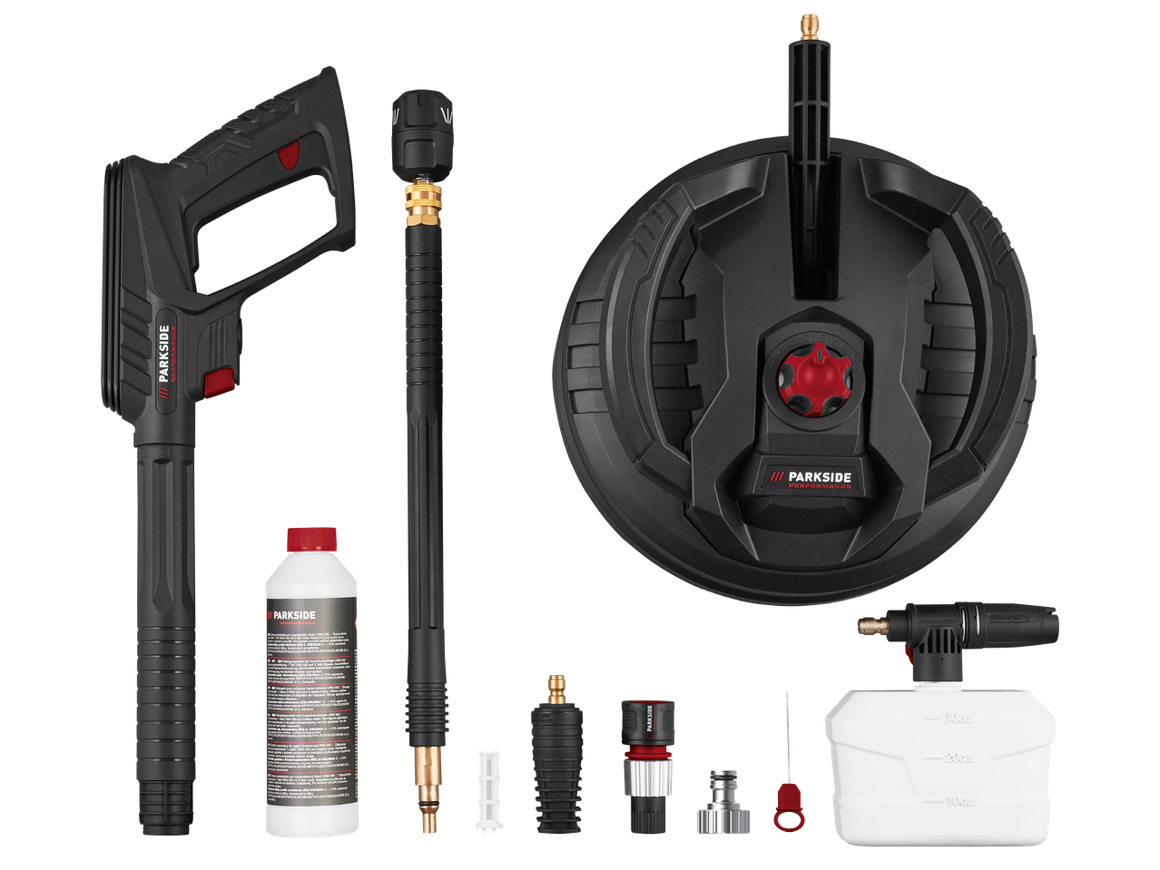 Комплект за почистване под високо налягане, включващ пистолет, удължител, препарат и различни приставки.
