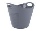 A gray plastic laundry basket with handles.