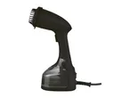A black handheld garment steamer with a brush attachment.