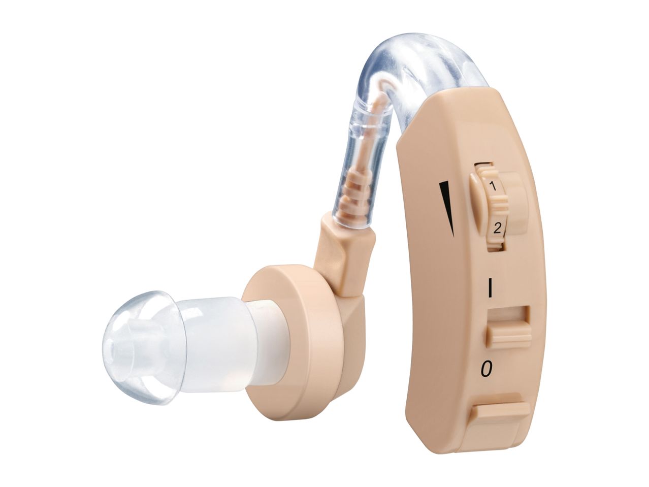 Beige behind-the-ear hearing aid with a clear ear hook and silicone ear tip.