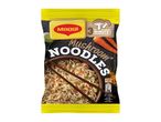 Συσκευασία Maggi Mushroom Noodles με μπολ με νουντλς, καρότα και μανιτάρια.