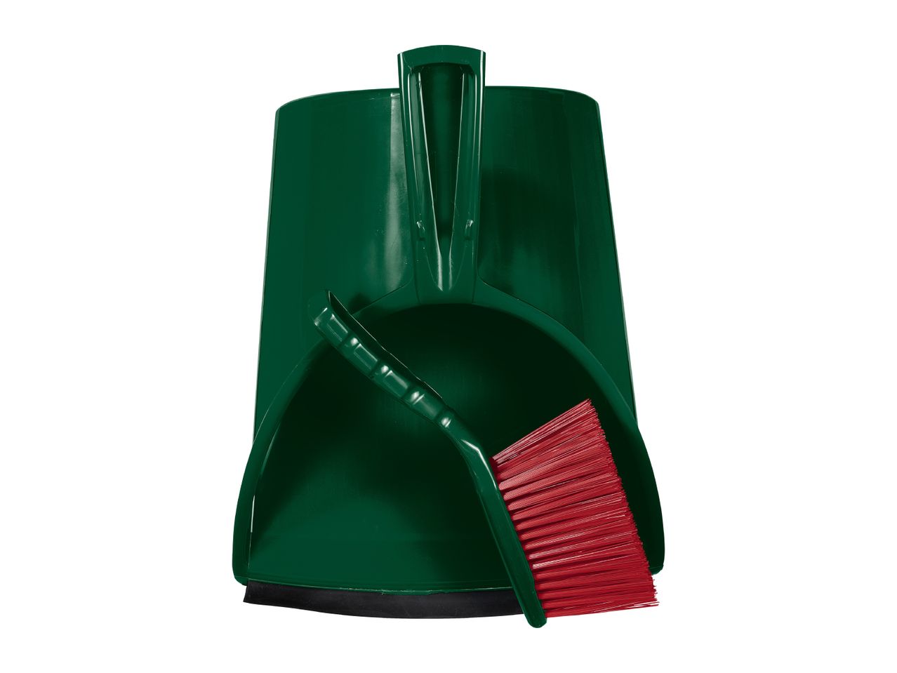 Green dustpan and brush set with red bristles.