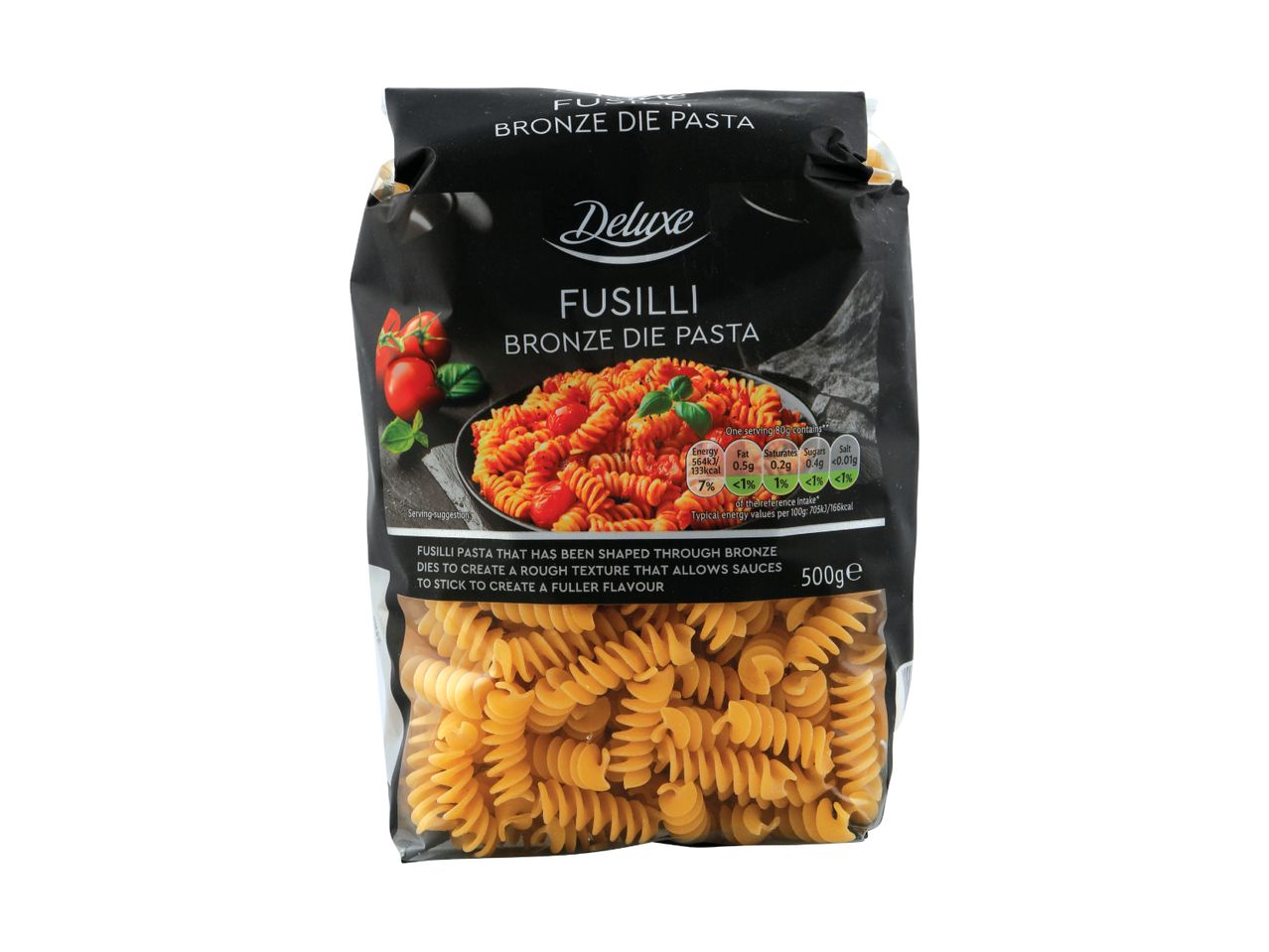 A bag of fusilli bronze die pasta with a serving suggestion of pasta with tomato sauce.