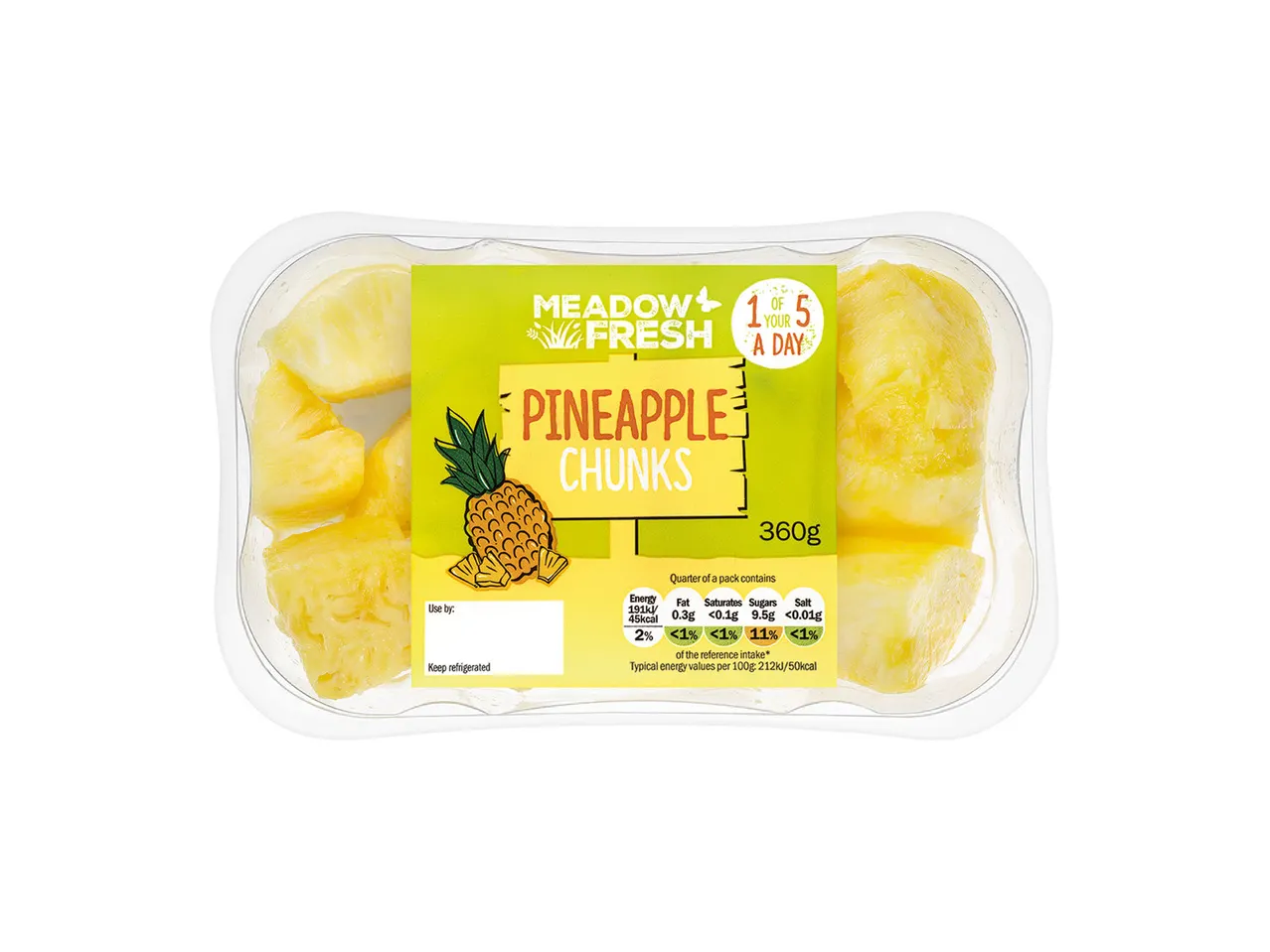 Meadow Fresh pineapple chunks: 360g.