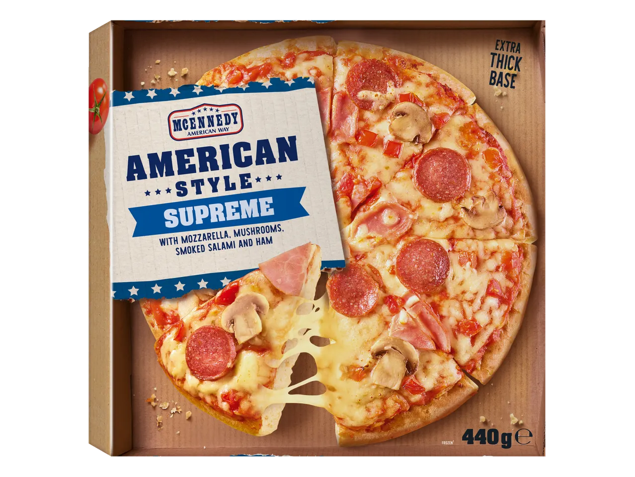McEnnedy American Style Supreme Pizza with mozzarella, mushrooms, smoked salami, and ham.