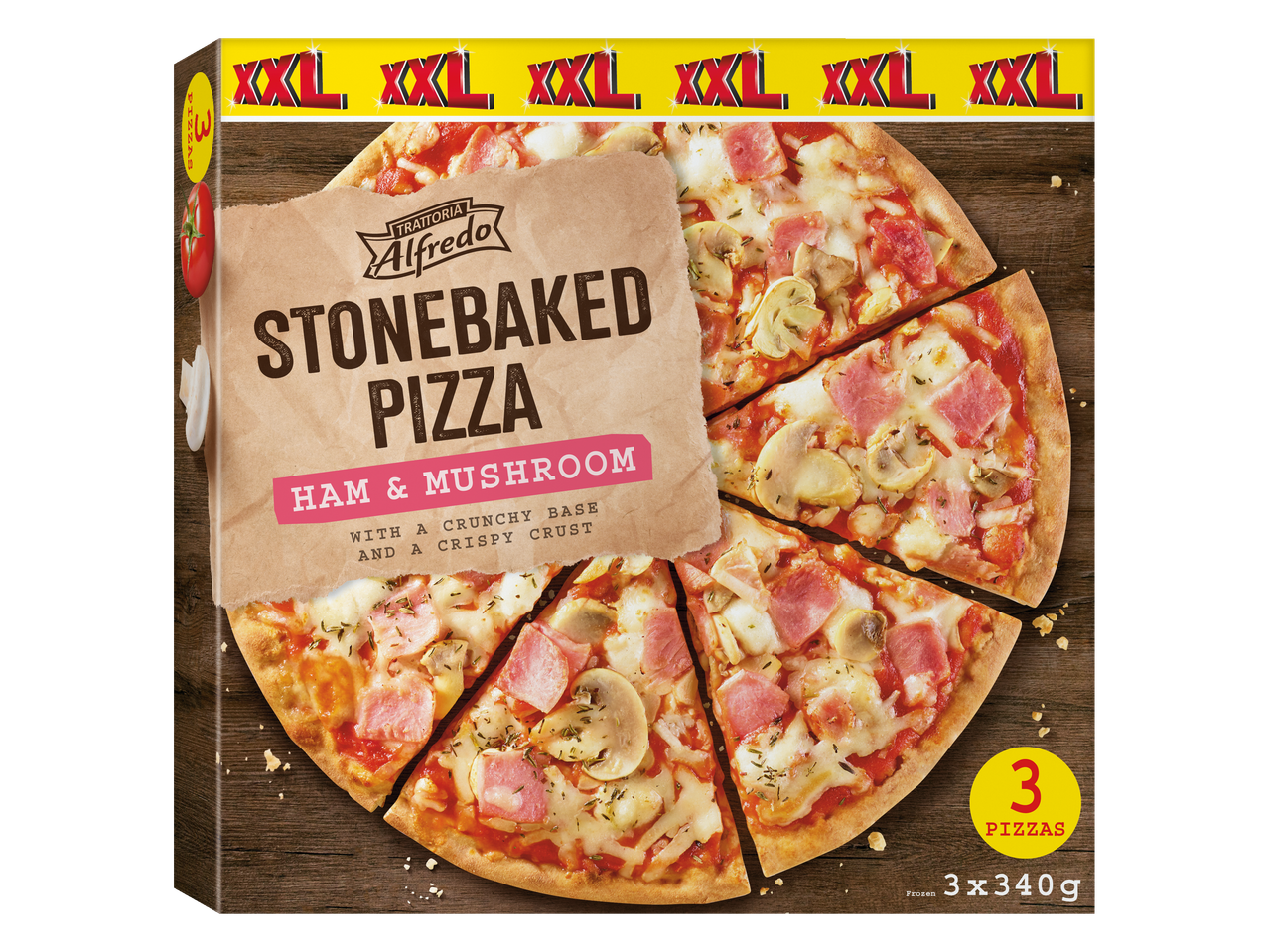 Trattoria Alfredo XXL stonebaked ham & mushroom pizzas (3 x 340g).
