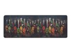 A kitchen mat with a pattern of various spices in spoons on a dark background.