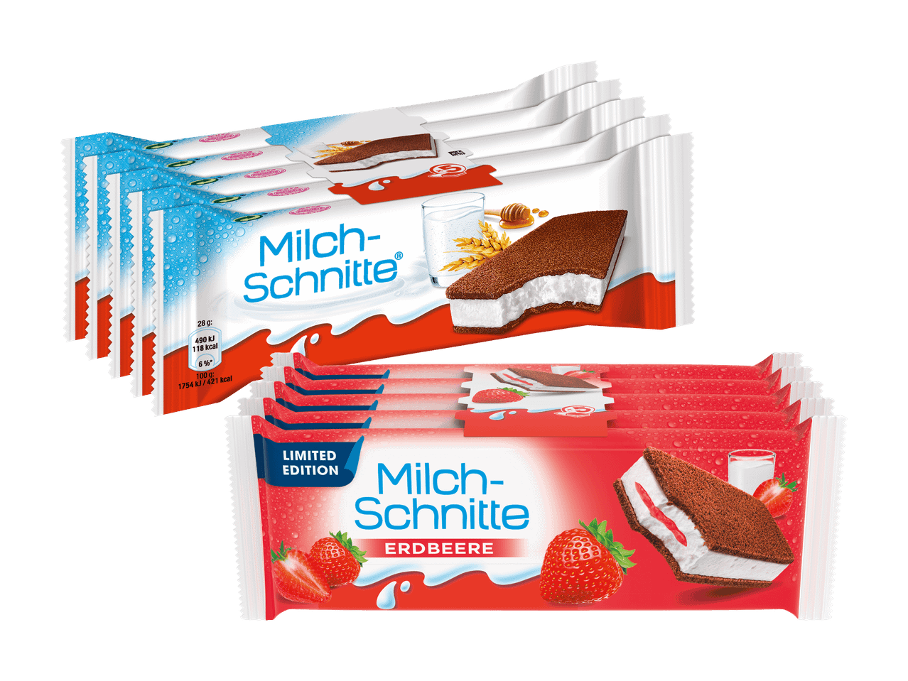Zwei Packungen Kinder Milch-Schnitte, eine klassische und eine Erdbeer-Limited Edition.