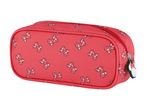 Red pencil case with small white bow pattern.