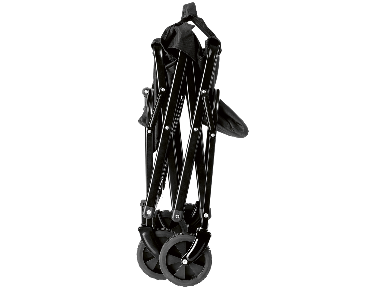 EasyMaxx Folding Trolley, black, folded for storage, showing wheels and frame.