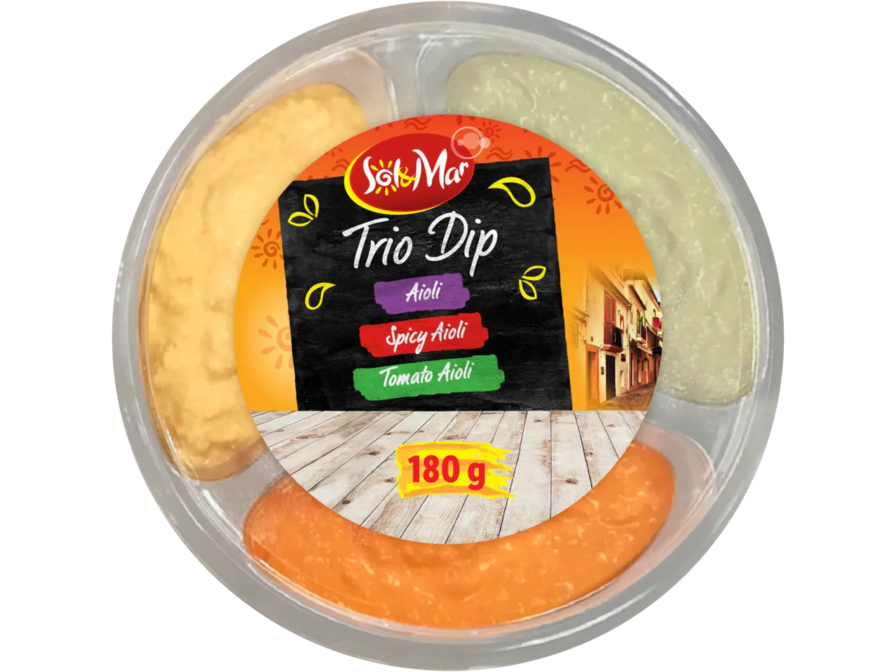 Sol & Mar Trio Dip with Aioli, Spicy Aioli, and Tomato Aioli, 180g.