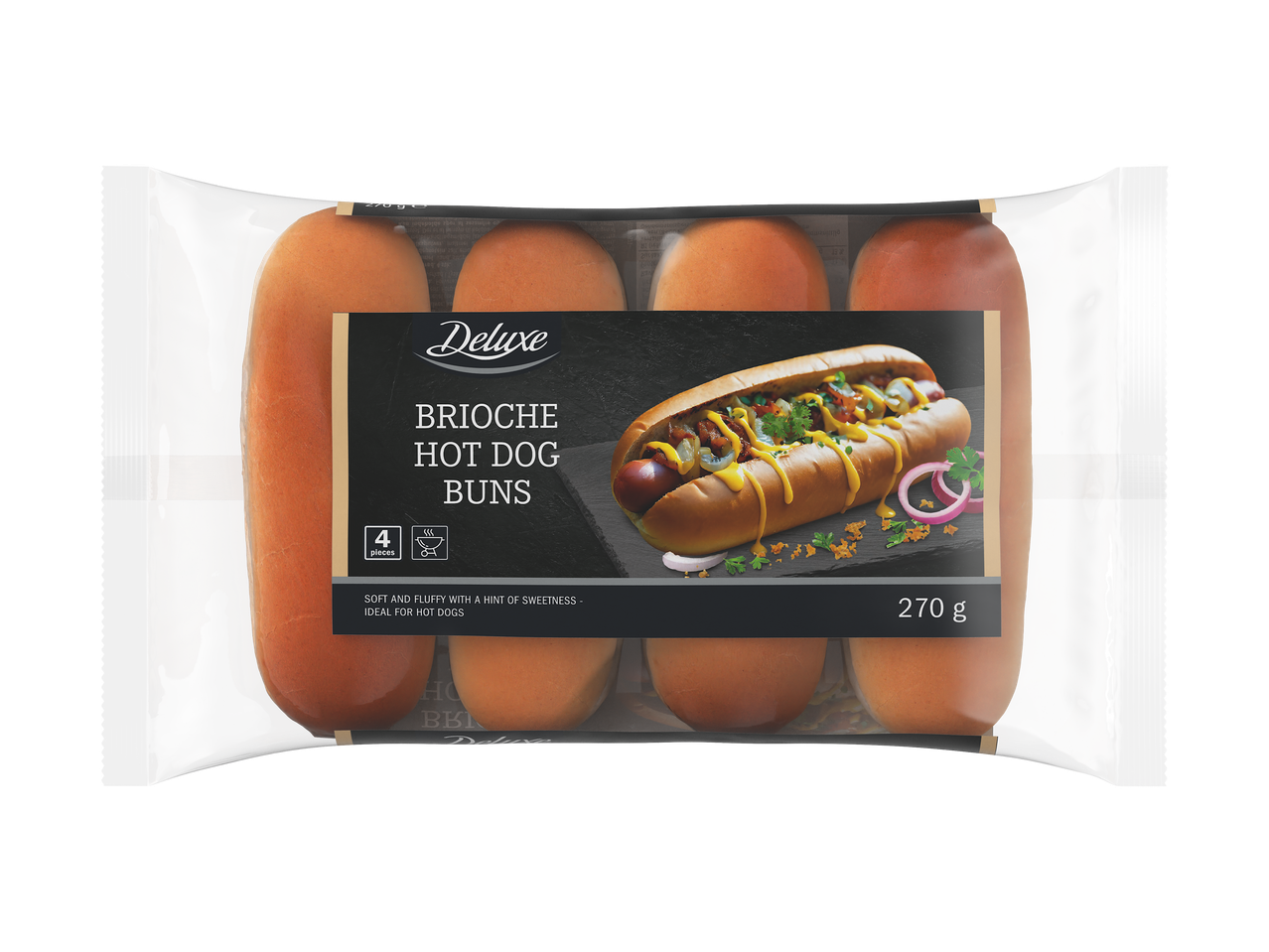 Pakkaus briossihotdog-sämpylöitä, joissa on 4 kappaletta ja paino 270 g.