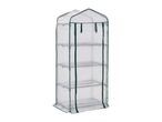 Tall, narrow, transparent greenhouse with green trim and multiple shelves.