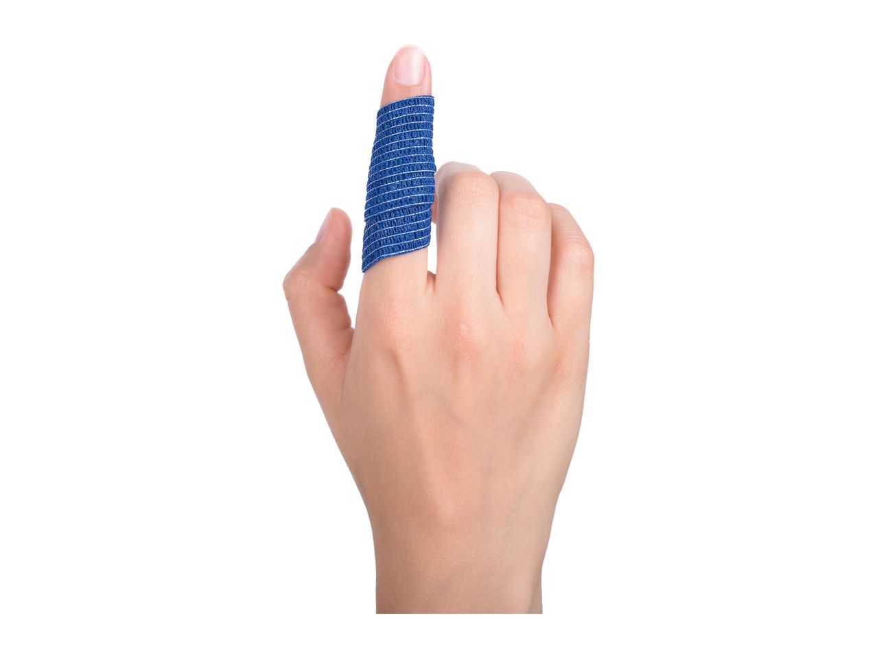 Hand with a blue finger bandage on the index finger, pointing forward.