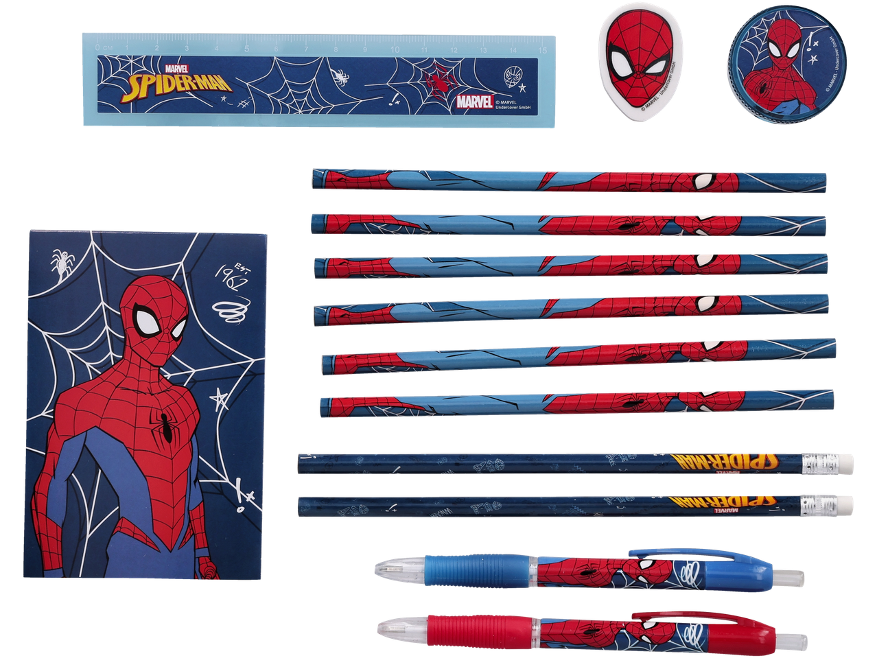 Spider-Man raštinės reikmenys: pieštukai, trintukas, liniuotė ir užrašų knygelė.