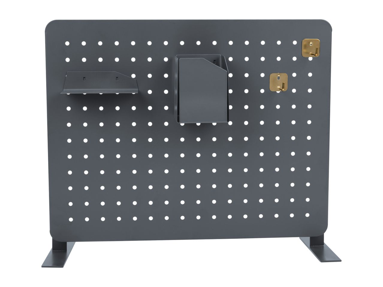 Dark grey pegboard with a shelf, a pen holder, and two brass hooks.