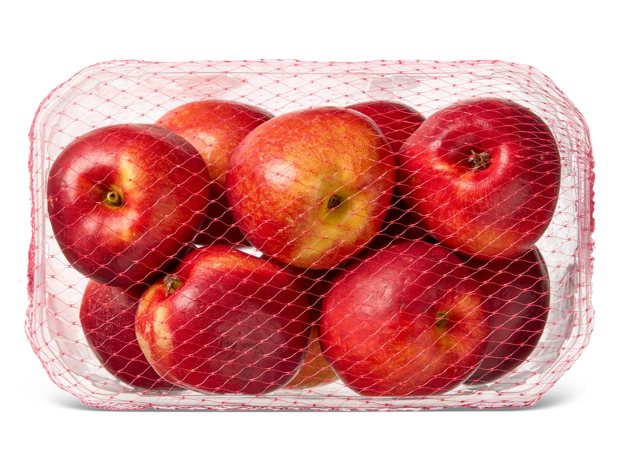 Nectarines in een plastic bakje met rood netje