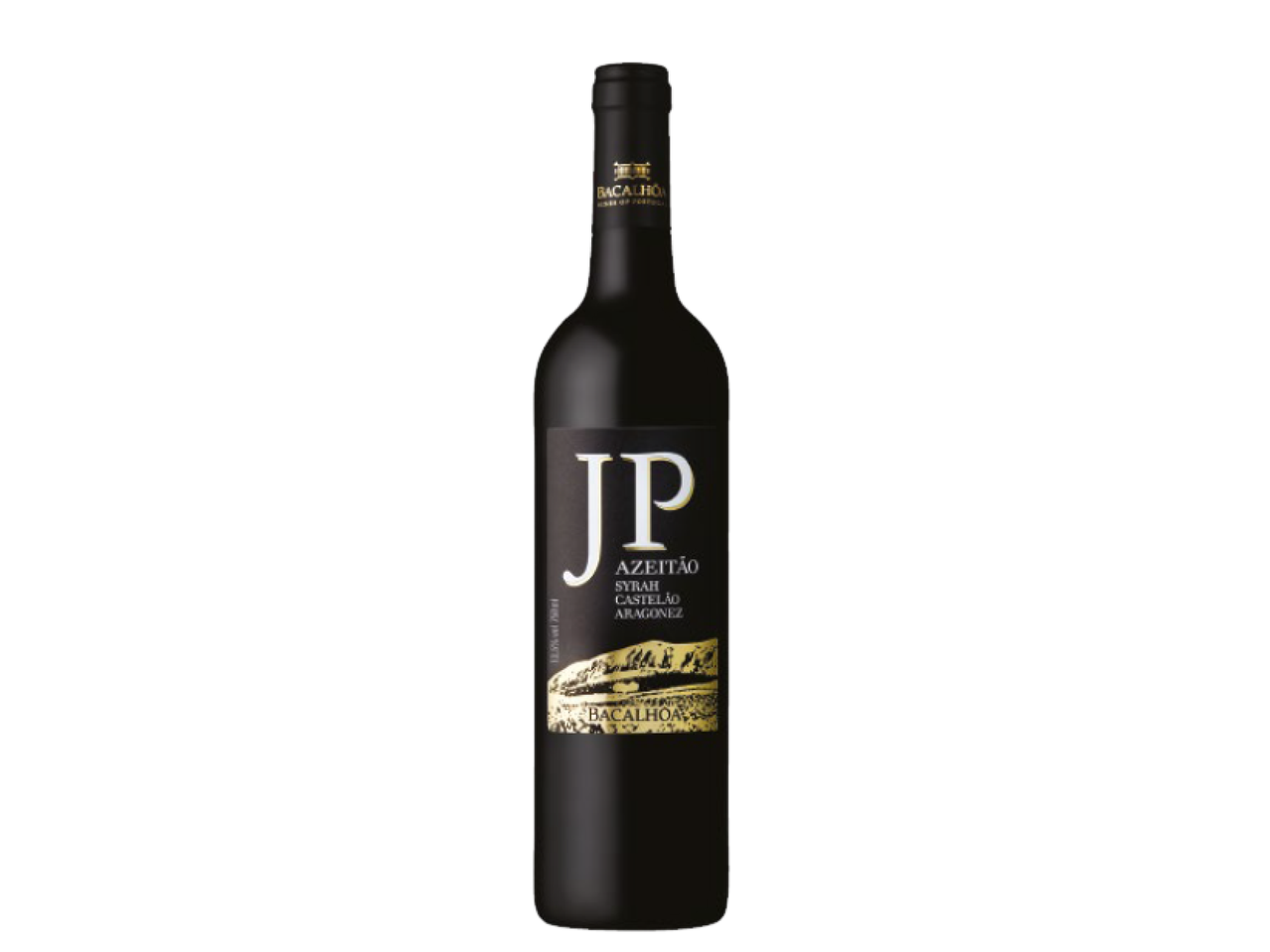 Garrafa de vinho tinto com rótulo preto e dourado, com as letras 'JP' em destaque.